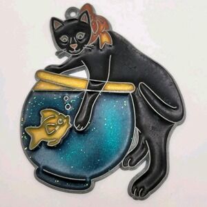 Vintage Black Cat & Fishbowl Sun Catcher Window Decor Handmade Retro Whimsical
